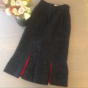 Vintage Tweed Pencil Skirt with Red Kick Pleats